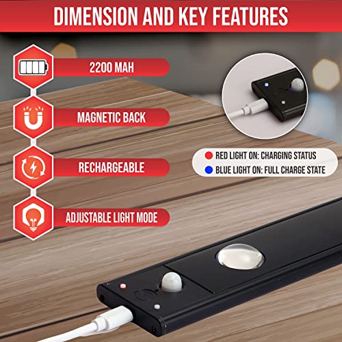 Cat's Eye Under-Cabinet 3 LED Motion Sensor Cabinet Light 2200mAh Rechargeable Under Cabinet Lights Wireless Under Counter Lights for Kitchen, Wardrobe, Hallway, Stairs (Pack 2) Black