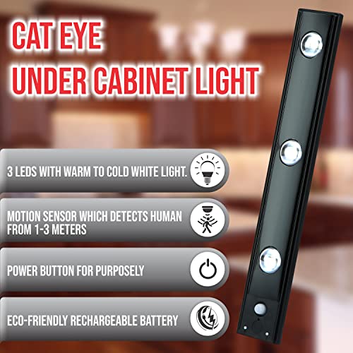 Cat's Eye Under-Cabinet 3 LED Motion Sensor Cabinet Light 2200mAh Rechargeable Under Cabinet Lights Wireless Under Counter Lights for Kitchen, Wardrobe, Hallway, Stairs (Pack 2) Black