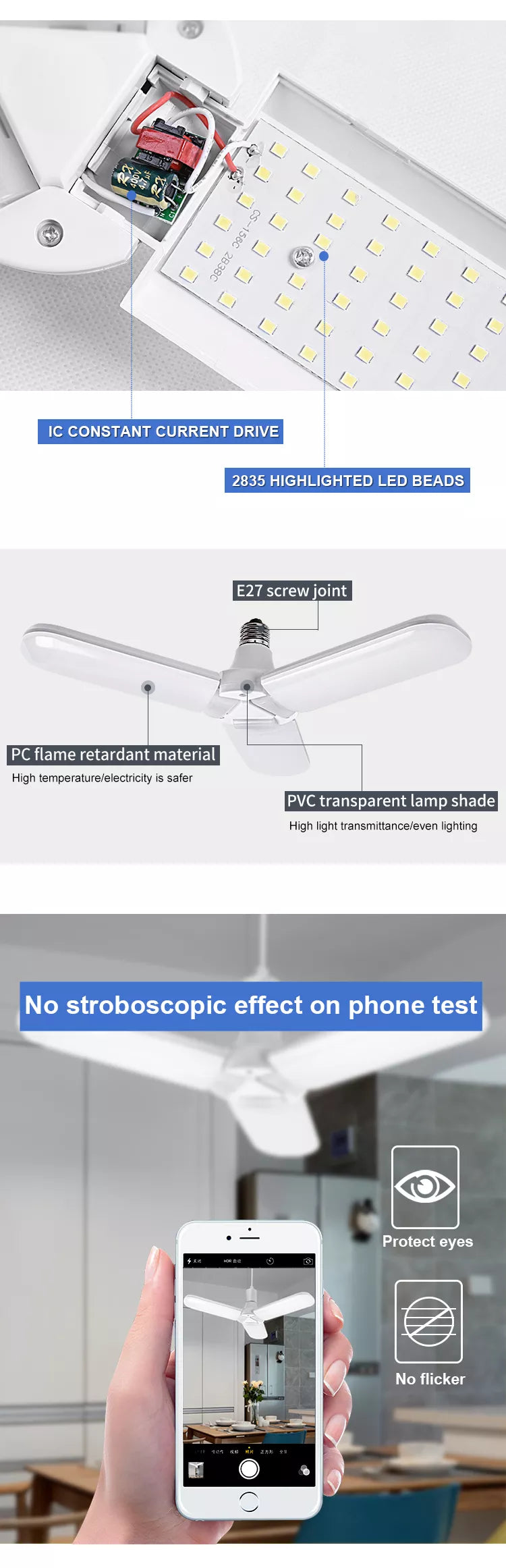 Super Bright B22 E27 2 3 4 Leaf Fan Blade 60W 6000LM Led Lamp Deformable Light fan blade led bulb